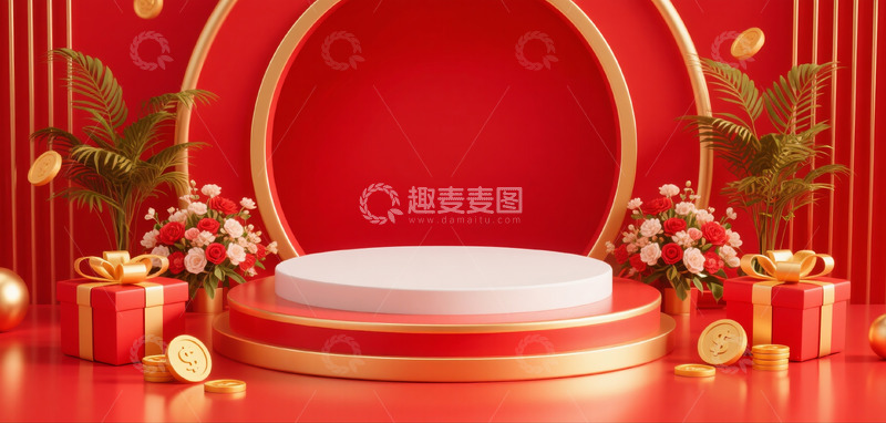 高清大图下载【趣麦麦图】618电商促销场景展示台礼物盒花束5