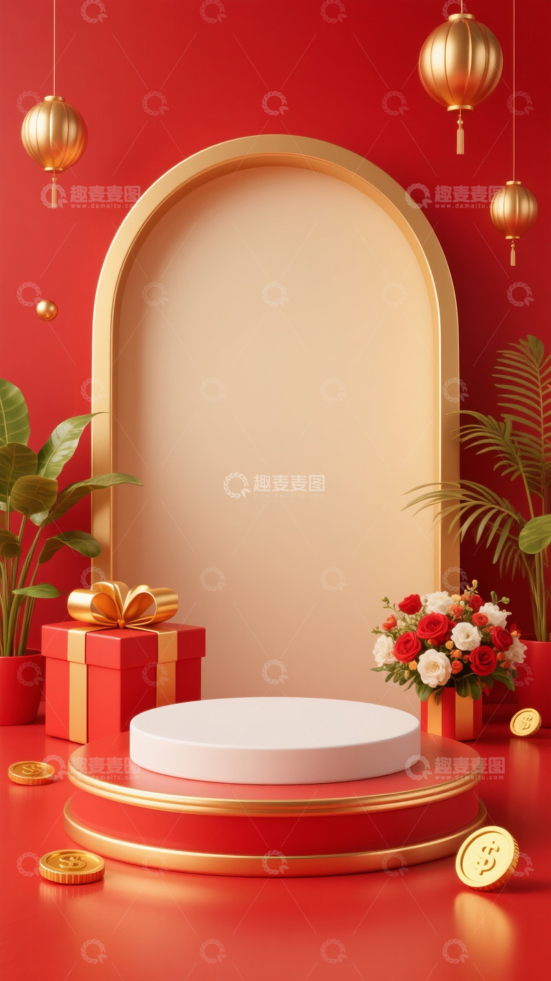 高清大图下载【趣麦麦图】618电商促销场景门金色灯笼