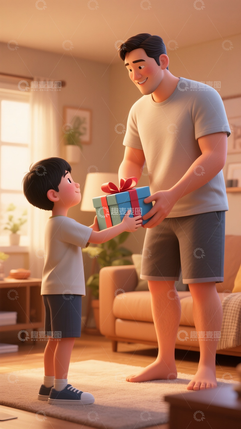 父亲节儿子送礼物给父亲在家里温馨的场景