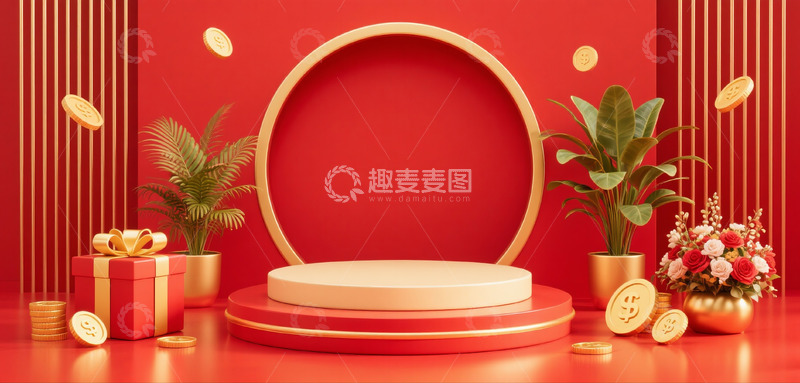 高清大图下载【趣麦麦图】618电商促销场景展示台礼物盒花束1