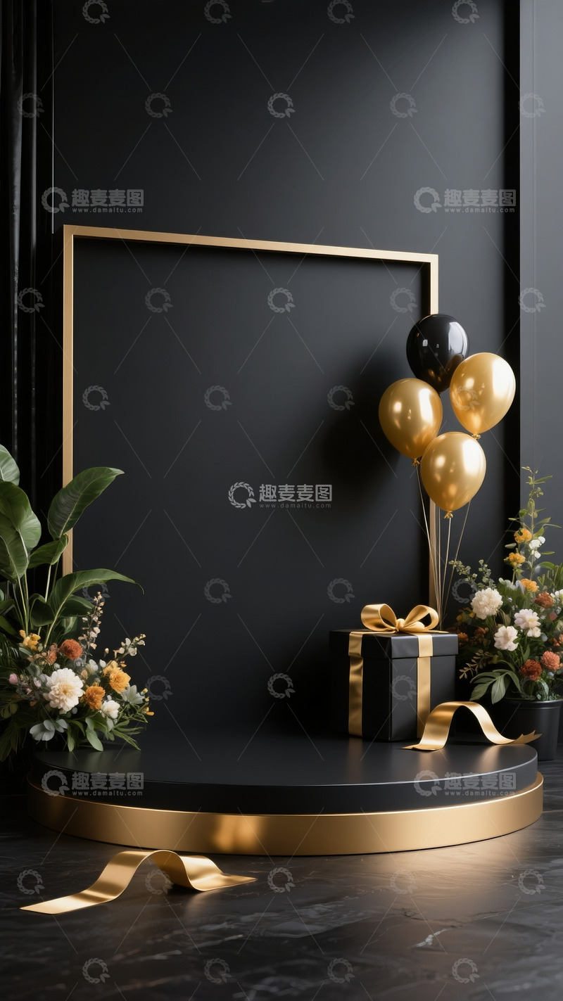 高清大图下载【趣麦麦图】618电商促销场景展示台气球黑金色系5