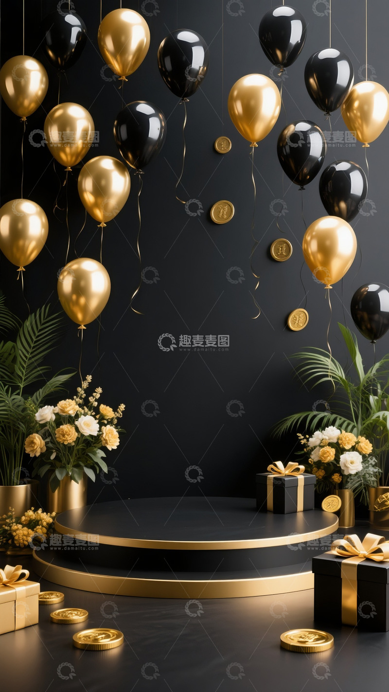 高清大图下载【趣麦麦图】618电商促销场景展示台气球黑金色系7