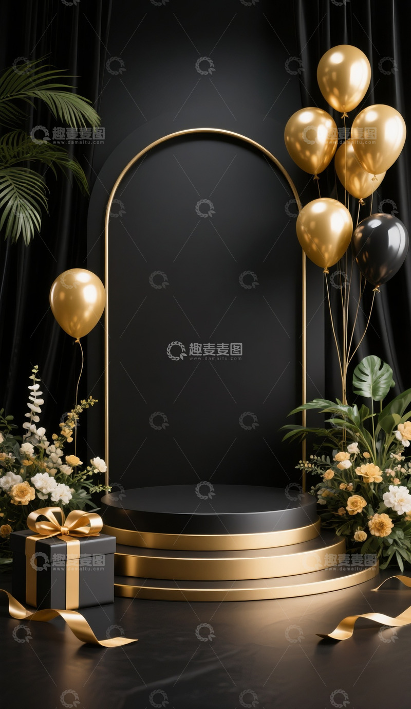 高清大图下载【趣麦麦图】618电商促销场景展示台气球黑金色系