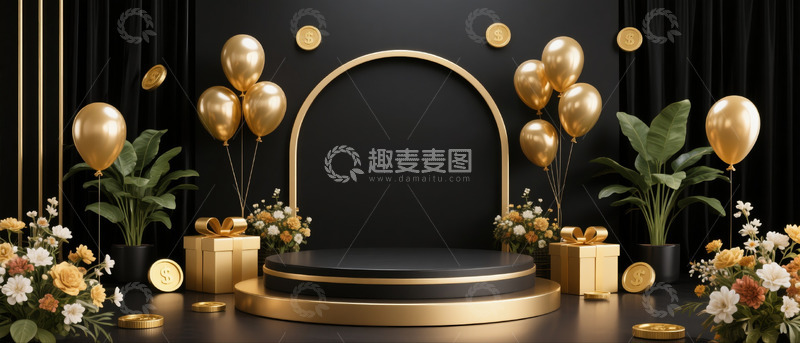 高清大图下载【趣麦麦图】618电商促销场景展示台礼物盒气球黑金色系1