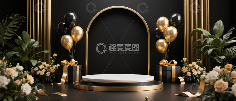 高清大图下载【趣麦麦图】618电商促销场景展示台礼物盒气球黑金色系5