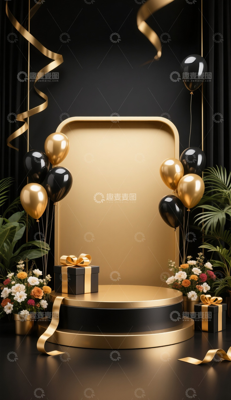 高清大图下载【趣麦麦图】618电商促销场景展示台气球黑金色系3