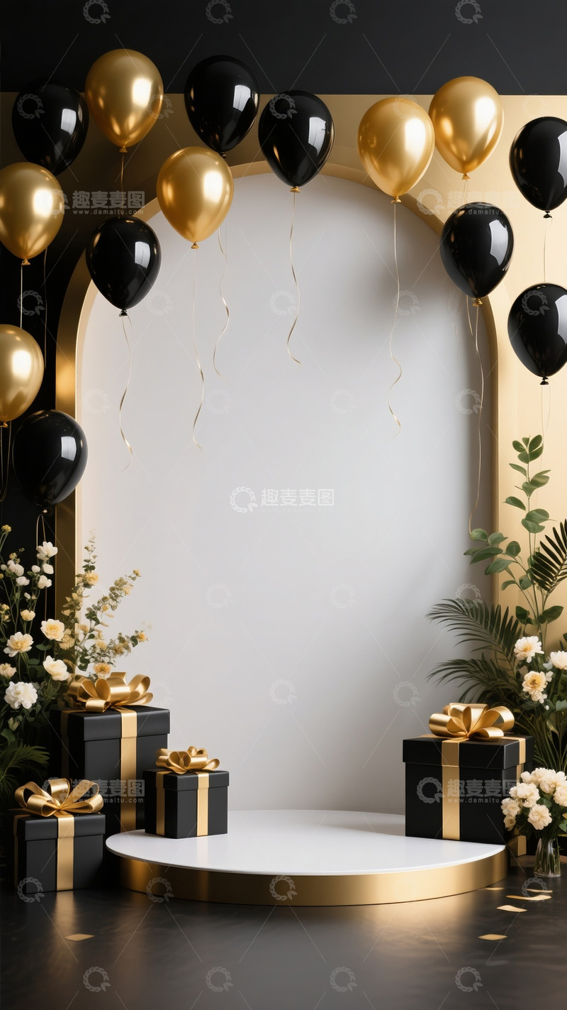 高清大图下载【趣麦麦图】618电商促销场景展示台气球黑金色系6