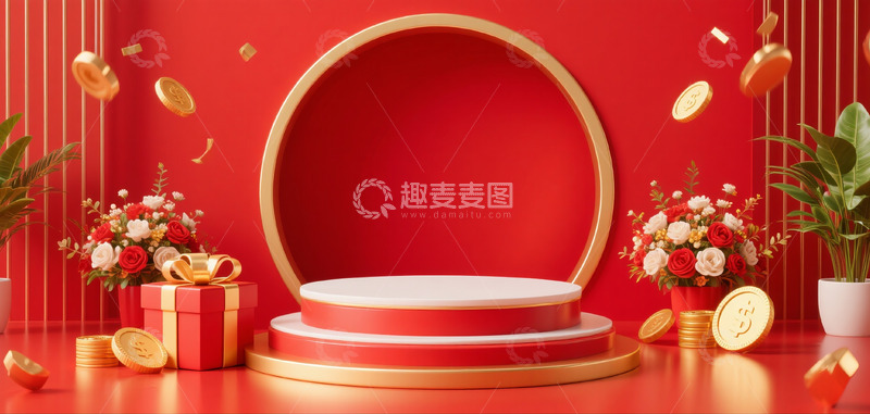 高清大图下载【趣麦麦图】618电商促销场景展示台礼物盒花束