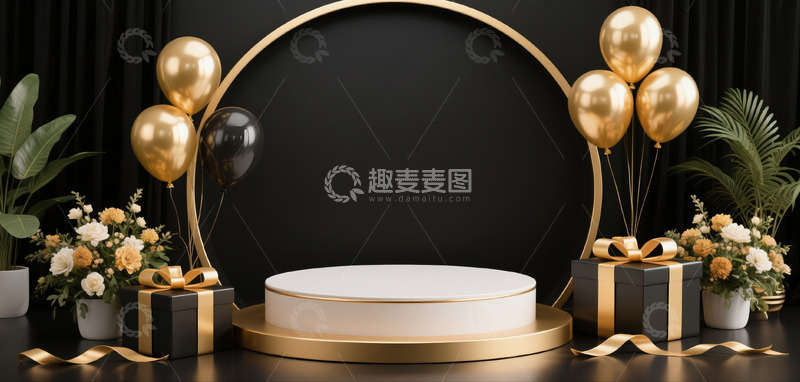 高清大图下载【趣麦麦图】618电商促销场景展示台礼物盒气球黑金色系3