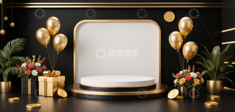 高清大图下载【趣麦麦图】618电商促销场景展示台礼物盒气球黑金色系2