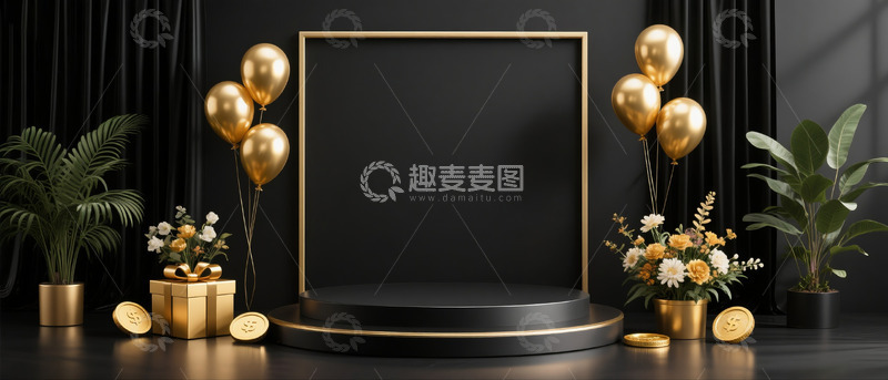 高清大图下载【趣麦麦图】618电商促销场景展示台礼物盒气球黑金色系6