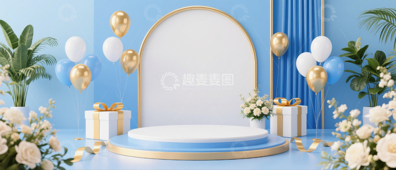 高清大图下载【趣麦麦图】618电商促销场景展示台礼物盒气球蓝金配色12
