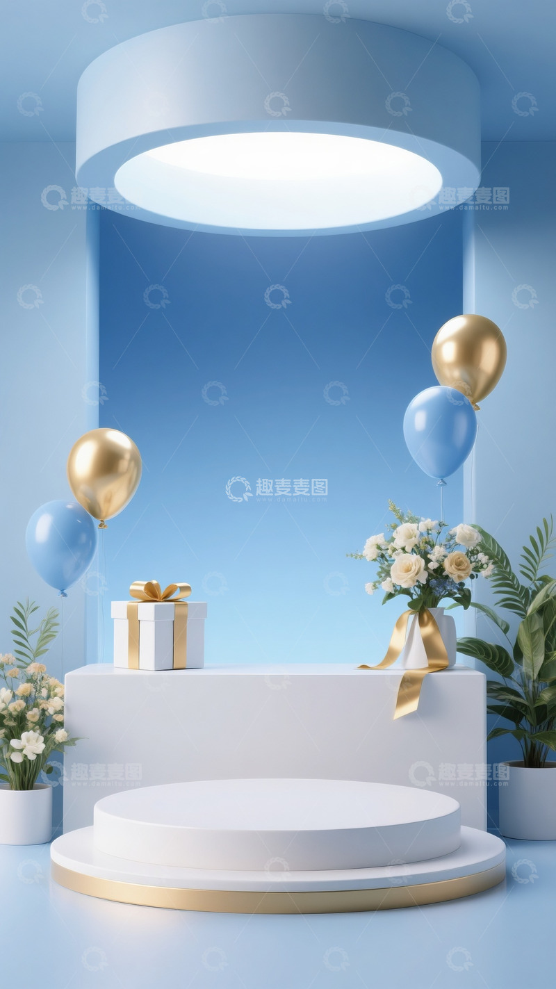 高清大图下载【趣麦麦图】618电商促销场景展示台礼物盒气球蓝金配色19