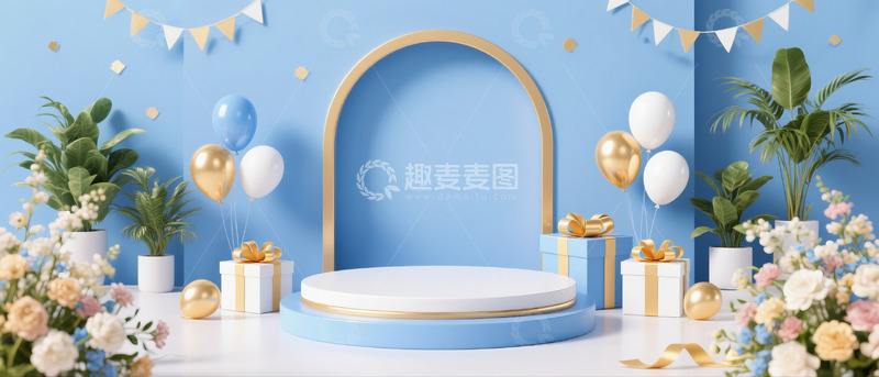 高清大图下载【趣麦麦图】618电商促销场景展示台礼物盒气球蓝金配色16