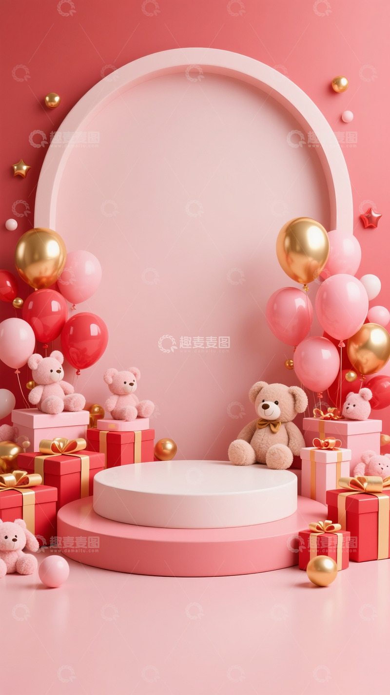 高清大图下载【趣麦麦图】618电商母婴用品空白场景毛绒玩具礼盒气球8