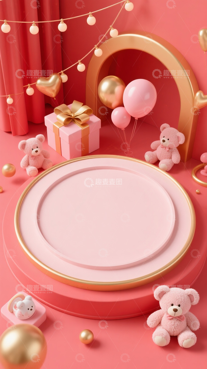 高清大图下载【趣麦麦图】618电商母婴用品空白场景毛绒玩具礼盒气球7