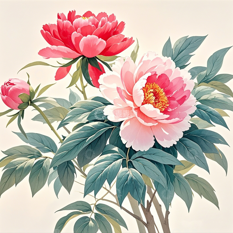 高清大图下载【趣麦麦图】卡通水彩手绘牡丹素材2