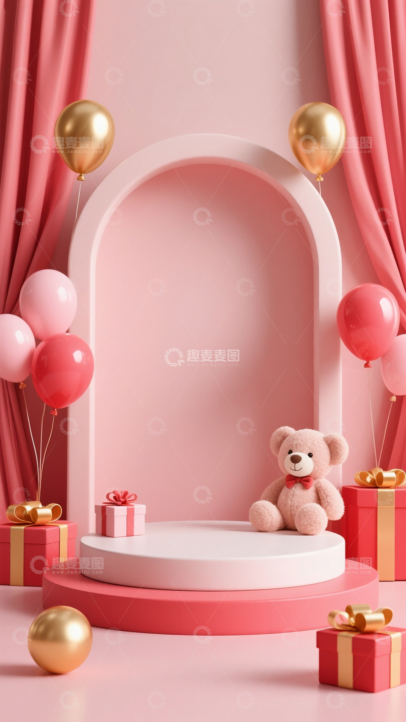 高清大图下载【趣麦麦图】618电商母婴用品空白场景毛绒玩具礼盒气球6