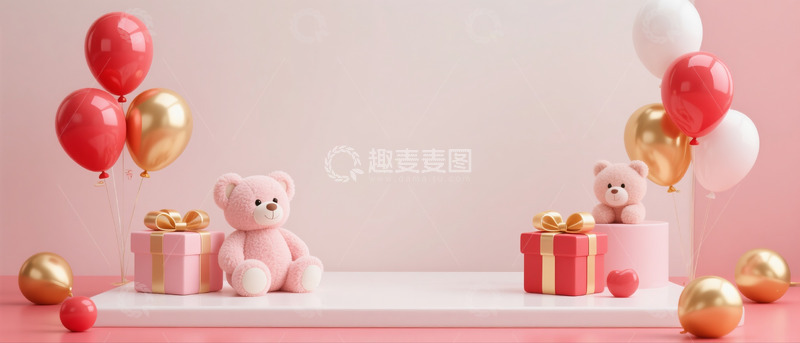 高清大图下载【趣麦麦图】618电商母婴用品空白场景毛绒玩具礼盒气球