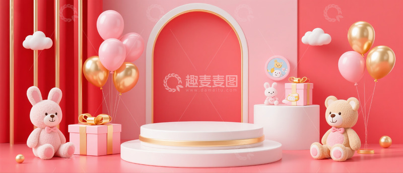 高清大图下载【趣麦麦图】618电商母婴用品空白场景毛绒玩具礼盒气球4