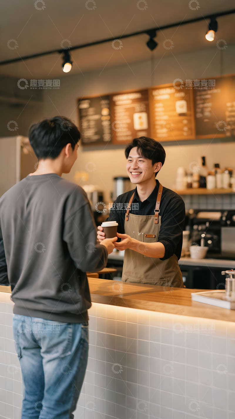 高清大图下载【趣麦麦图】咖啡店咖啡师将咖啡送到顾客手里场景
