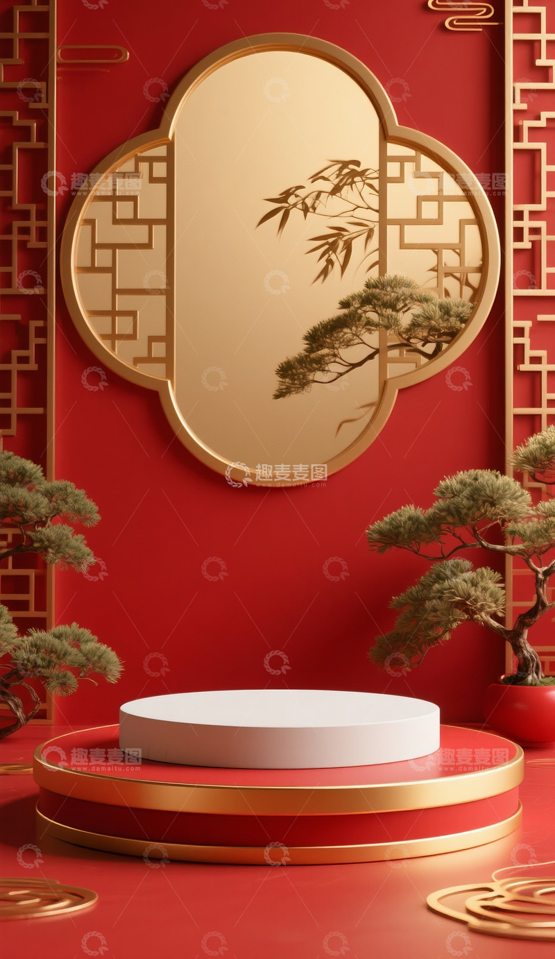 高清大图下载【趣麦麦图】618电商促销场景展示台中式古典红金配色20