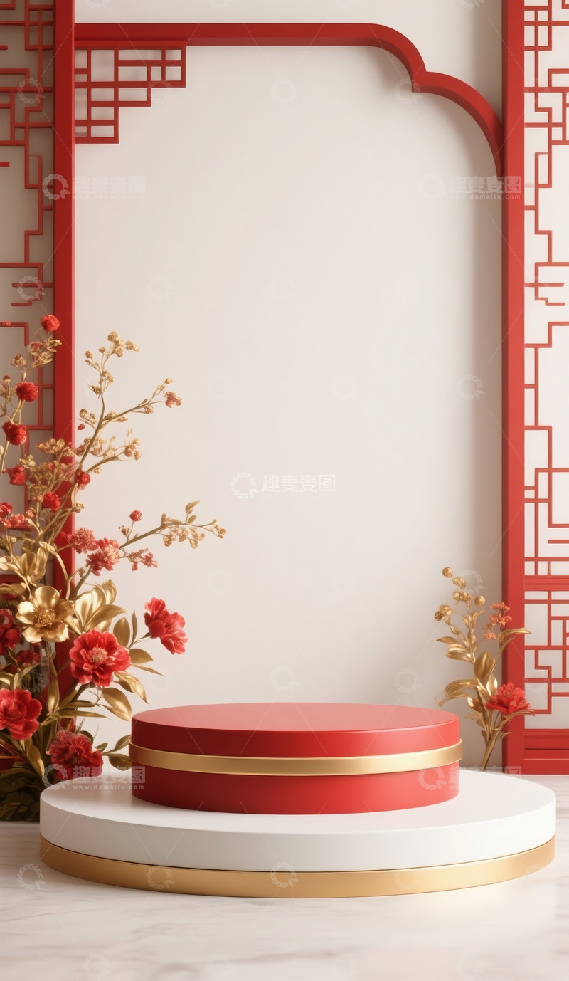 高清大图下载【趣麦麦图】618电商促销场景展示台中式古典红金配色17