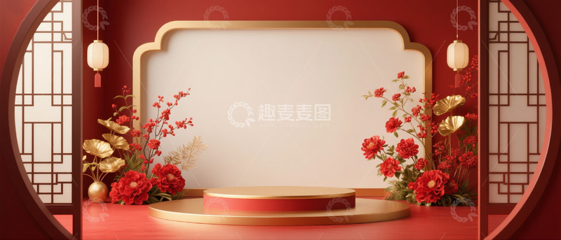 高清大图下载【趣麦麦图】618电商促销场景展示台中式古典红金配色12