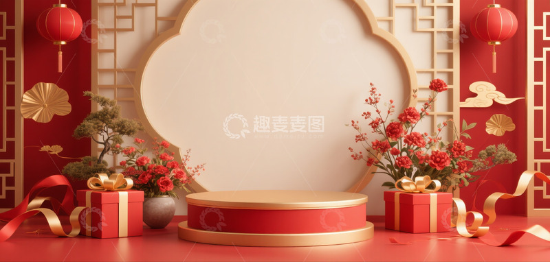 高清大图下载【趣麦麦图】618电商促销场景展示台中式古典红金配色5