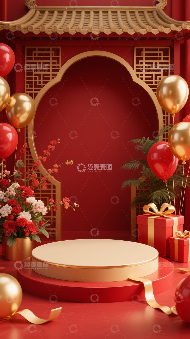 高清大图下载【趣麦麦图】618电商促销场景展示台中式古典红金配色11