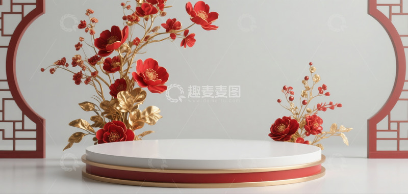 高清大图下载【趣麦麦图】618电商促销场景展示台中式古典红金配色8