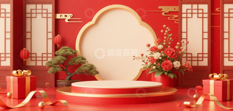 高清大图下载【趣麦麦图】618电商促销场景展示台中式古典红金配色2