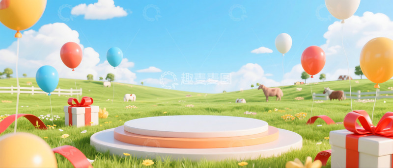 高清大图下载【趣麦麦图】618电商场景蓝天白云礼盒气球展示台14