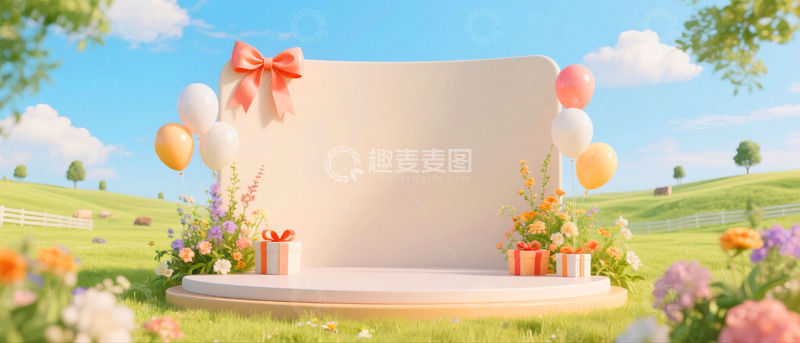 高清大图下载【趣麦麦图】618电商场景蓝天白云礼盒气球展示台12