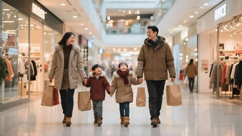 高清大图下载【趣麦麦图】冬日商场里的购物家庭1
