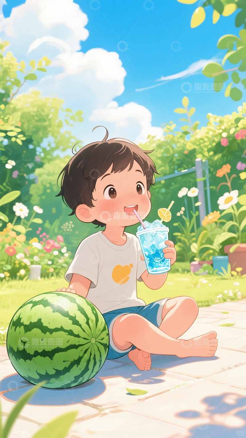 高清大图下载【趣麦麦图】夏季小暑大暑冰镇饮料西瓜漫画人物4