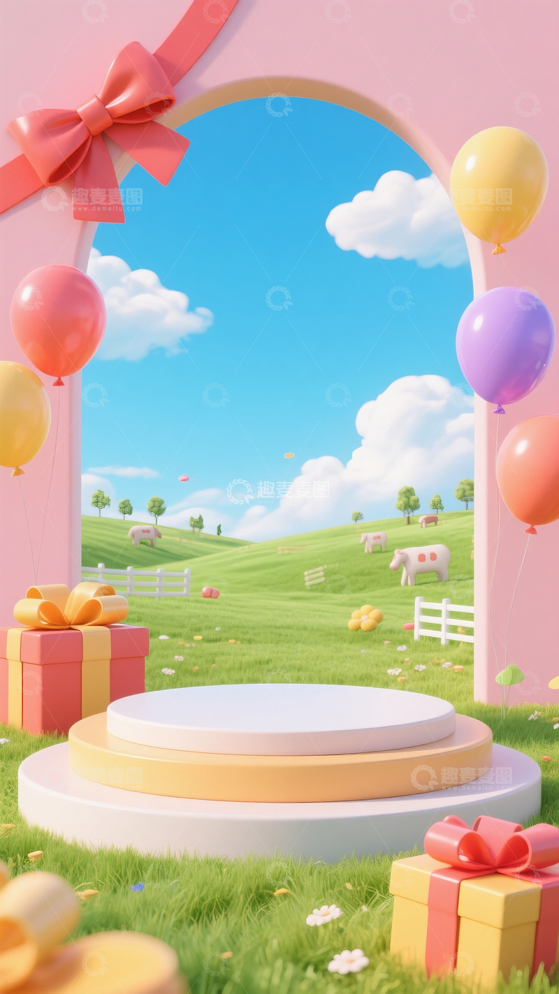 高清大图下载【趣麦麦图】618电商场景蓝天白云礼盒气球展示台8