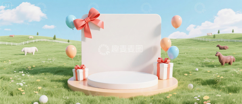 高清大图下载【趣麦麦图】618电商场景蓝天白云礼盒气球展示台