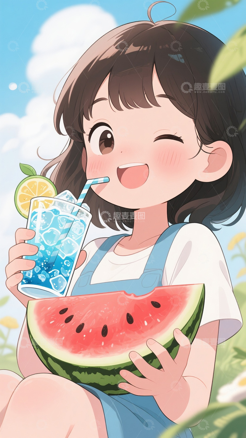 高清大图下载【趣麦麦图】夏季小暑大暑冰镇饮料西瓜漫画人物9