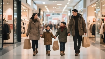 冬日商场里的购物家庭