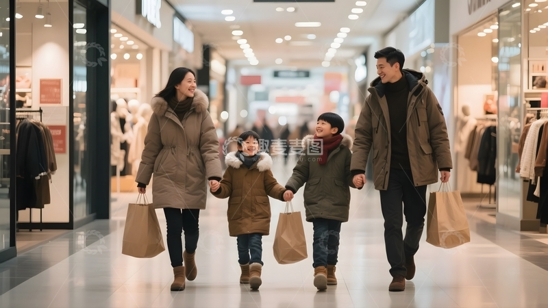 高清大图下载【趣麦麦图】冬日商场里的购物家庭