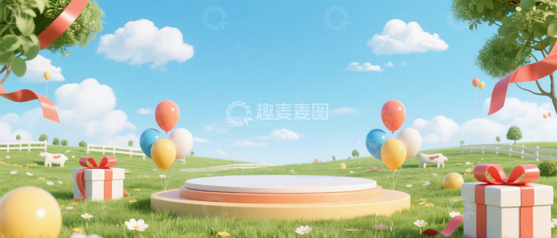 高清大图下载【趣麦麦图】618电商场景蓝天白云礼盒气球展示台1