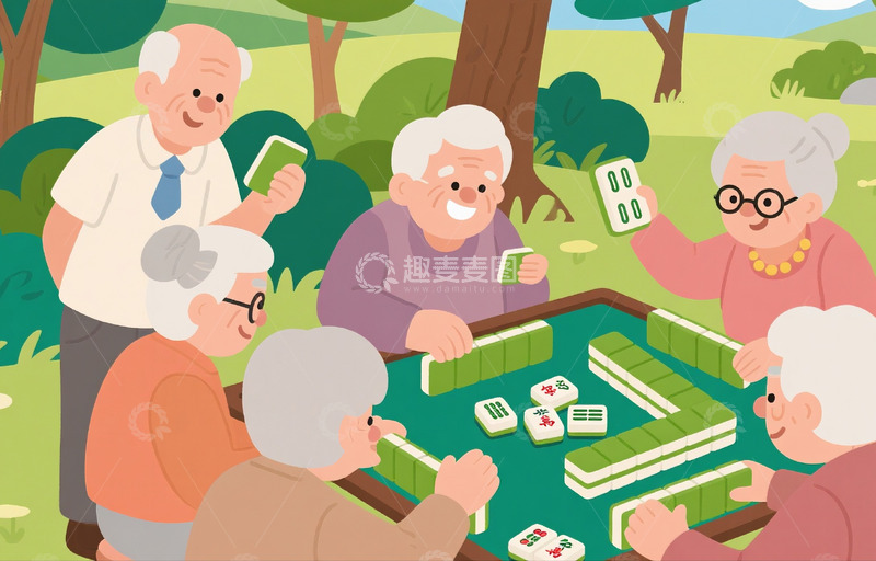 高清大图下载【趣麦麦图】丰富的老年人生活绘本插画打麻将3