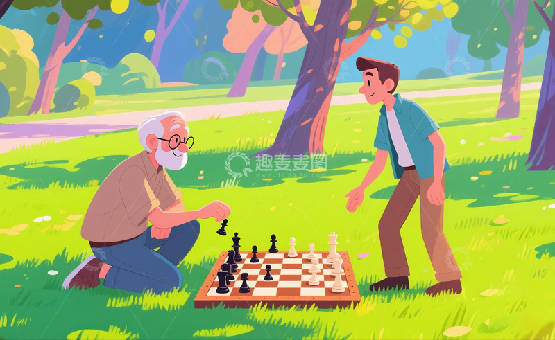 高清大图下载【趣麦麦图】丰富的老年人生活绘本插画下棋2