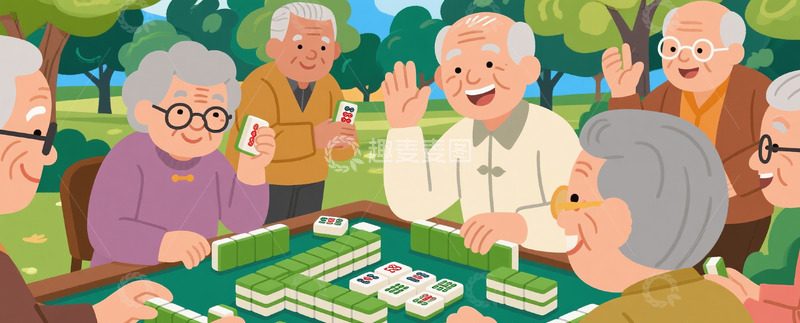 高清大图下载【趣麦麦图】丰富的老年人生活绘本插画打麻将