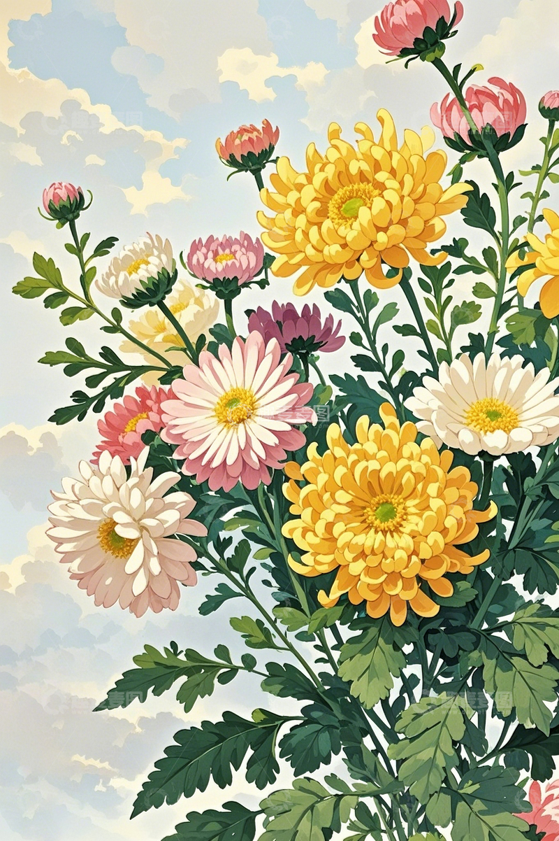高清大图下载【趣麦麦图】水彩插画菊花5