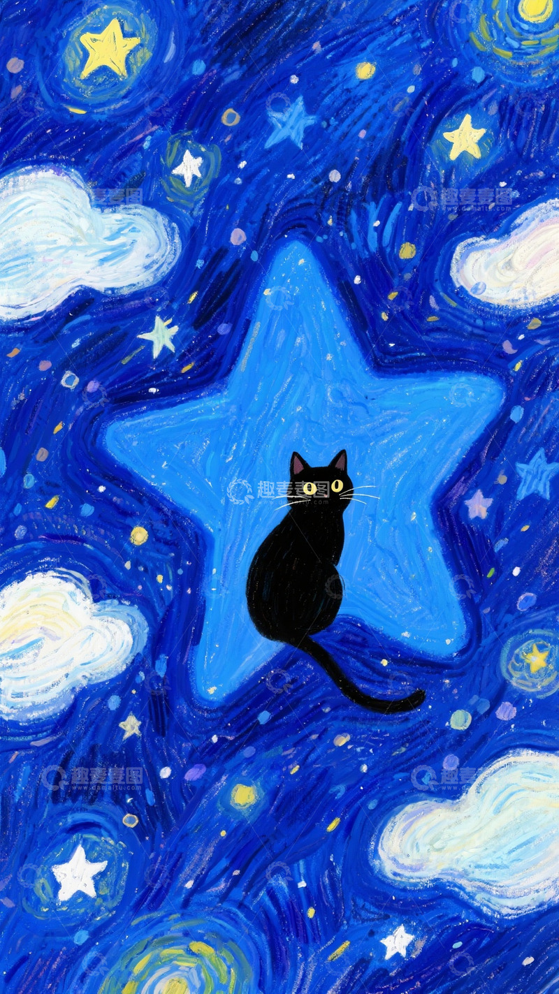 高清大图下载【趣麦麦图】儿童绘本插画星空猫咪梵高画风
