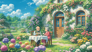 绘本漫画花园喝茶老年夫妇