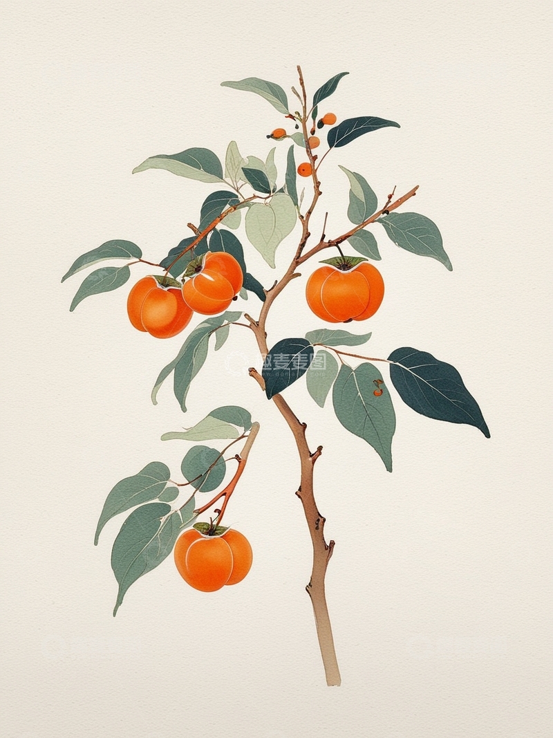高清大图下载【趣麦麦图】国潮插画水墨柿子
