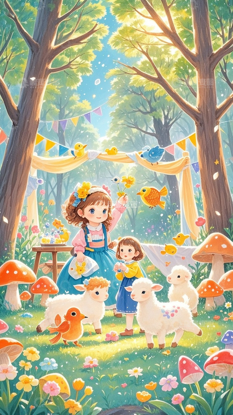 高清大图下载【趣麦麦图】彩铅儿童绘本插画森林孩子小动物9